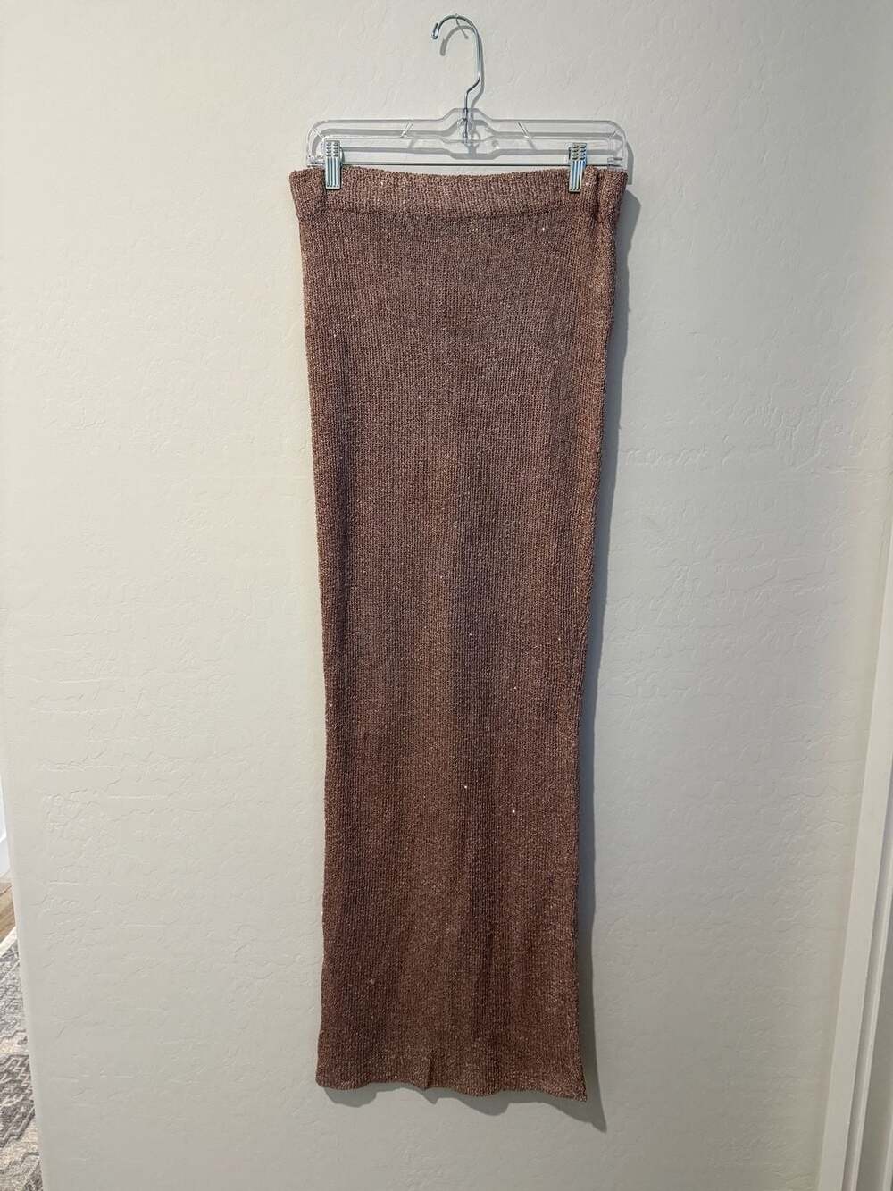 White Fox Metallic Knit Midi Skirt in Rose Gold